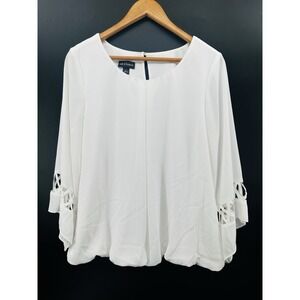 I.N. Studio White Bubble Hem Sz L Blouse Lattice‎ Cutout 3/4 Sleeve Career FF37